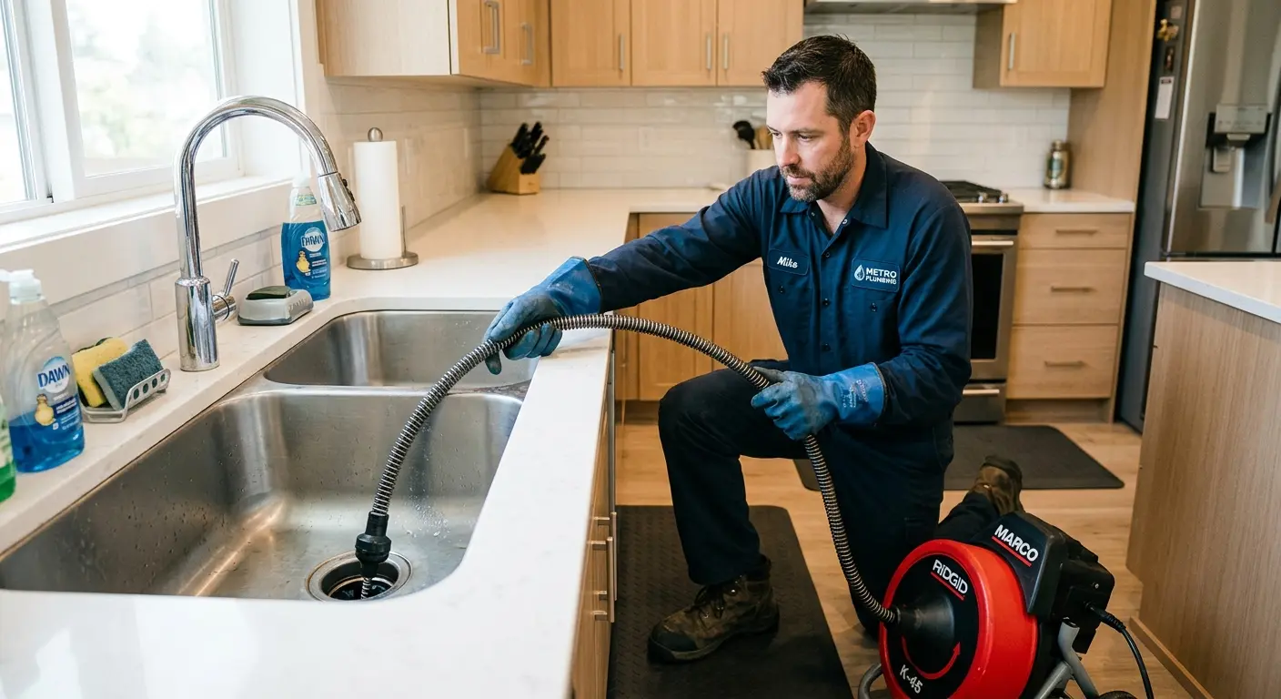 Drain cleaning technician using a motorized snake on a kitchen sink in Gering