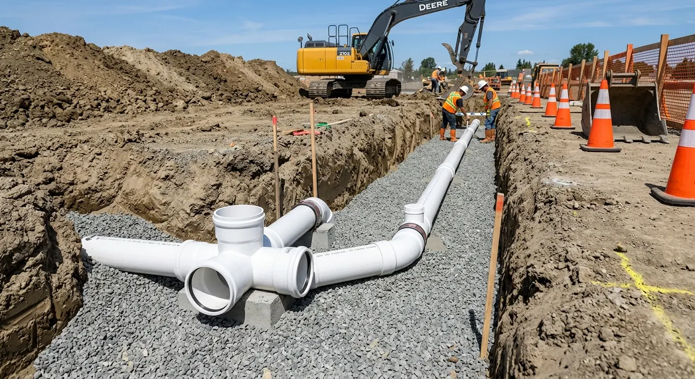 New PVC sewer pipe installation in open trench for Sewer Camera Inspection in Gering